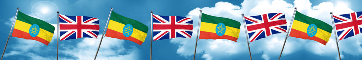 Ethiopia flag with Great Britain flag, 3D rendering