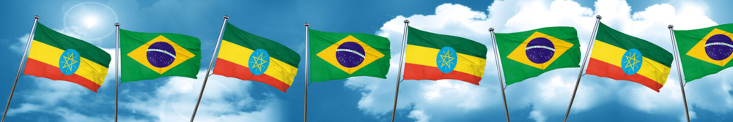 Ethiopia flag with Brazil flag, 3D rendering