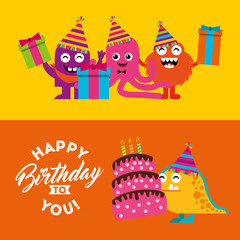 Obraz premium happy birthday celebration card with monster vector illustration design