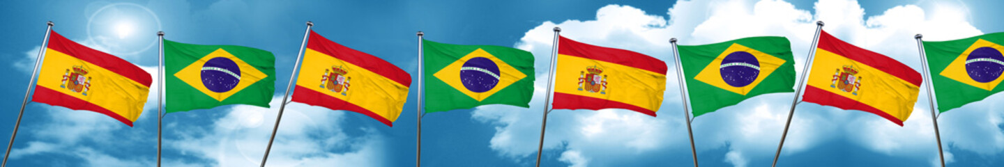 Spanish flag with Brazil flag, 3D rendering
