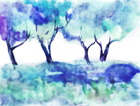 Watercolor summer landscape in blue tone. Hand painted