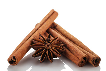 Cinnamon sticks and star anise on a white background