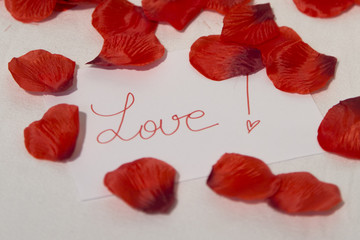 St Valentine's Day LOVE message and rose petals on white table