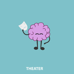 cartoon brain with theatrical mask in hand, concept theater, vector, illustration,