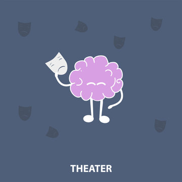 cartoon brain with theatrical mask in hand, concept theater, vector, illustration,
