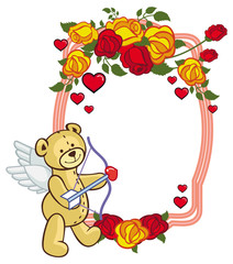 Obraz premium Color frame with roses and teddy bear with bow and wings, looks like a Cupid.