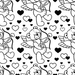 Black and white seamless pattern with teddy bears. Vector clip art.