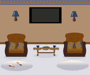 A living room with a coffee table.Lamps on the wall. Two armchairs witn colored decorative pillows. Сarpets. Sexy cute slippers with high heels. Flat screen TV.Vector illustration. 