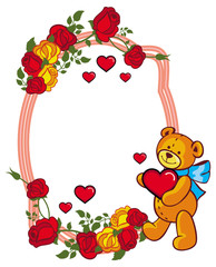 Oval label with red roses and cute teddy bear holding a big heart.