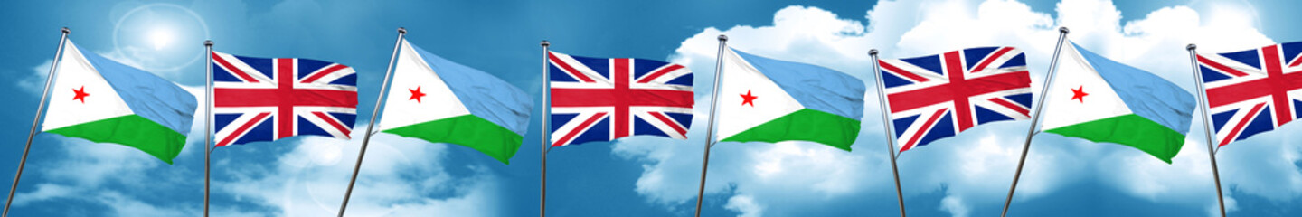 Djibouti flag with Great Britain flag, 3D rendering