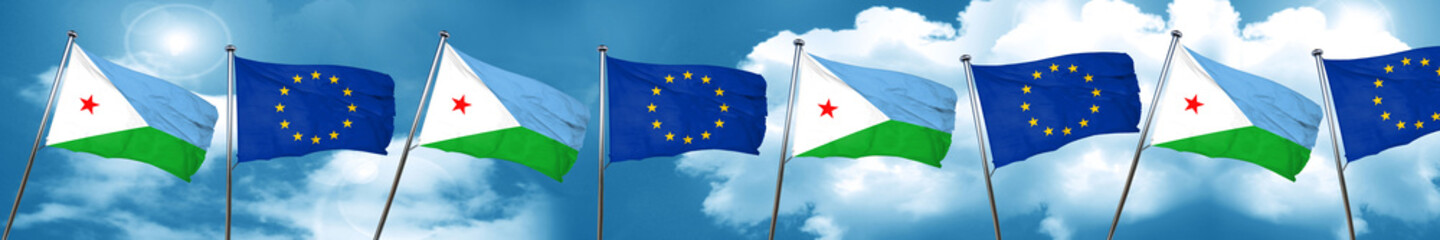 Djibouti flag with european union flag, 3D rendering