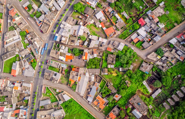 Fototapeta premium Urban Rooftops, Aerial View In Banos, Ecuador