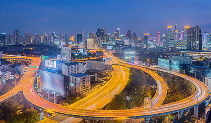Bangkok city night view with main traffic high way.