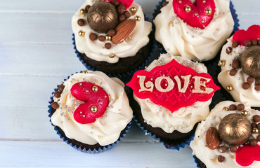  Cupcakes for Valentine's Day. Background with heart. Birthday c