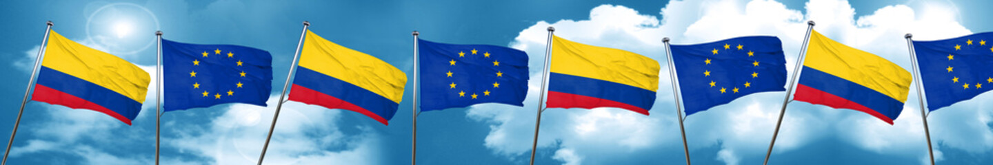 Colombia flag with european union flag, 3D rendering