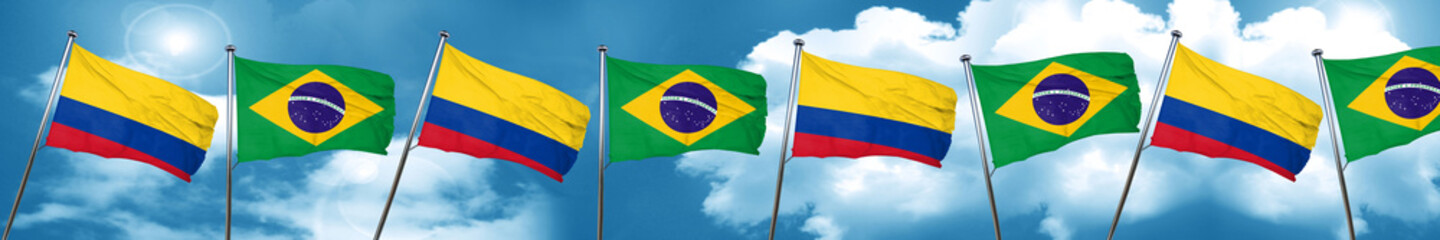 Colombia flag with Brazil flag, 3D rendering