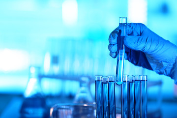 Hand in glove holding test tube on blurred background