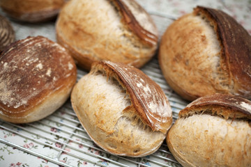 Freshly baked soda bread loaves cool on a wire rack