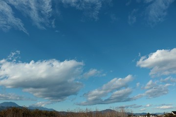 Fototapeta na wymiar 冬空と田舎風景/冬の青空と白い雲と田舎の冬枯れた風景