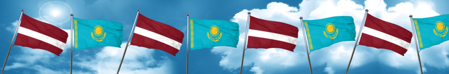 Latvia flag with Kazakhstan flag, 3D rendering