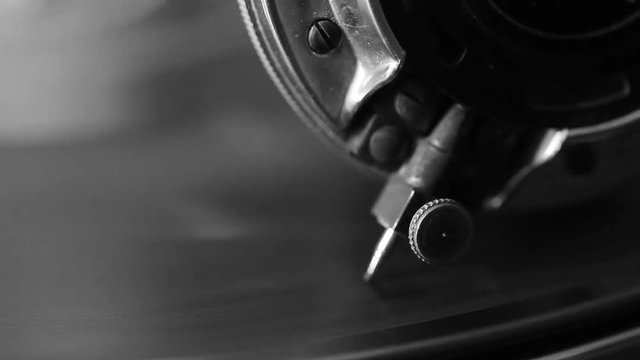Old gramophone video, close up, macro shot, Black and White retro style