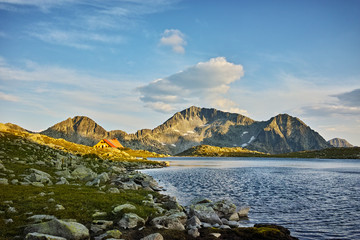 Amazing Sunset over Tevno Lake and Kamenitsa peak, Pirin mountain, Bulgaria