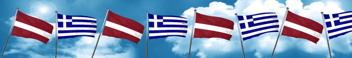 Latvia flag with Greece flag, 3D rendering