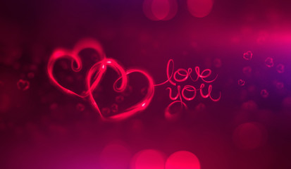 Glow heart on backdrop. Shine romantic font. Valentine sexy ribbon shape. Passion romance. Blur decoration.