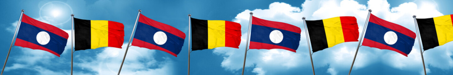 Fototapeta na wymiar Laos flag with Belgium flag, 3D rendering