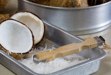 Coconut grater and Coconut meat in the tray on Kitchen