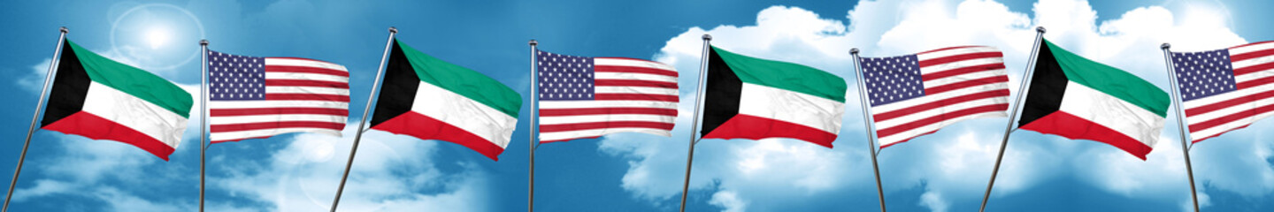 Kuwait flag with American flag, 3D rendering