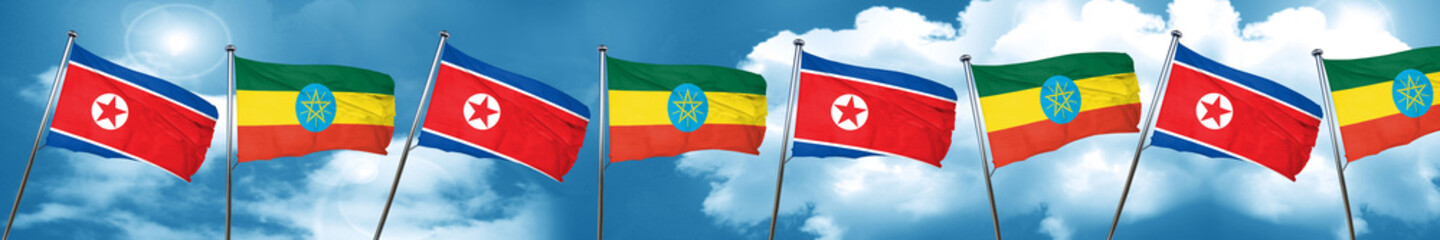 North Korea flag with Ethiopia flag, 3D rendering