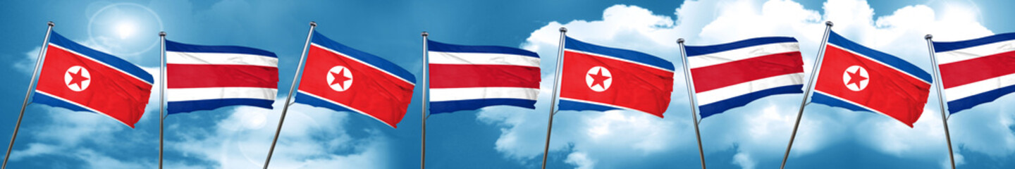 North Korea flag with Costa Rica flag, 3D rendering