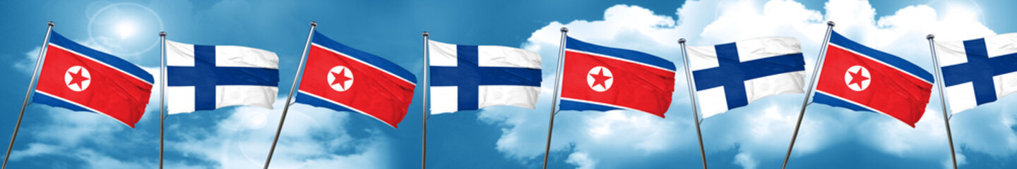 North Korea flag with Finland flag, 3D rendering