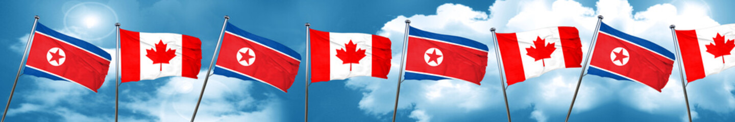 North Korea flag with Canada flag, 3D rendering