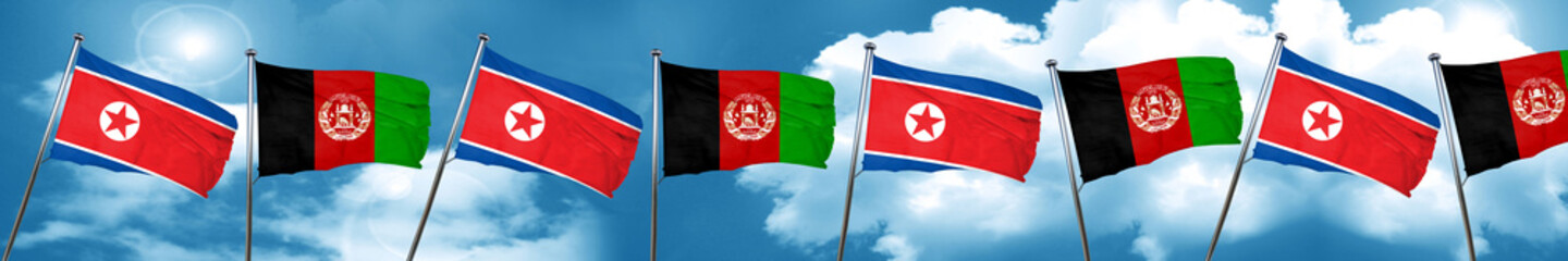North Korea flag with afghanistan flag, 3D rendering