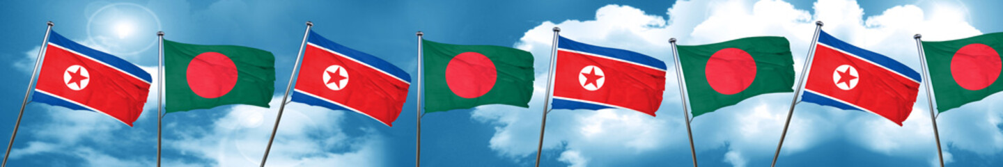 North Korea flag with Bangladesh flag, 3D rendering