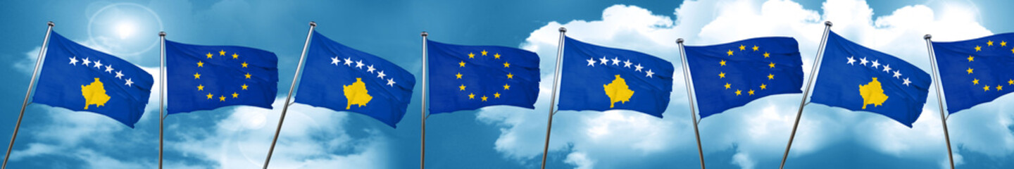 Kosovo flag with european union flag, 3D rendering