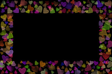 Colorful neon glow scattered sketch heart shaped various size line frame on upper bottom left right side valentine dark black background