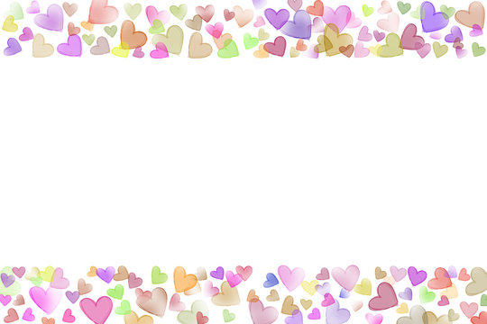 Colorful scattered sketch heart shaped various size line frame on upper buttom side valentine background