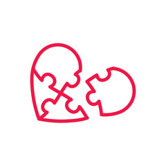 puzzle heart thin line red icon on white background, happy valen