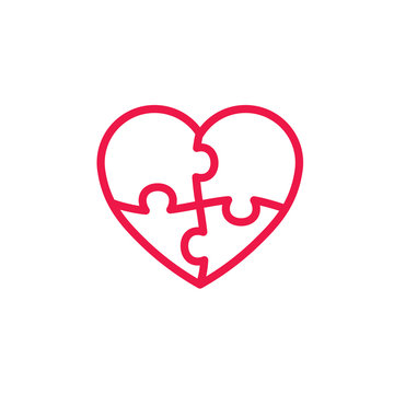 puzzle heart thin line red icon on white background, happy valen