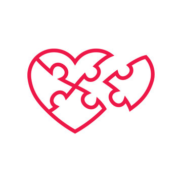 puzzle heart thin line red icon on white background, happy valen