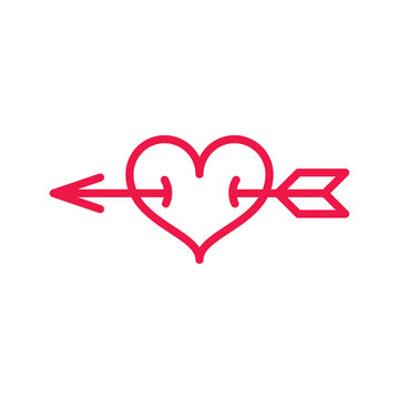 heart with arrow thin line red icon on white background, happy v