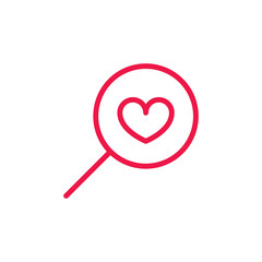 loupe with heart thin line red icon on white background, happy v