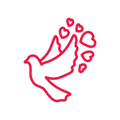 fly dove thin line red icon on white background, happy valentine