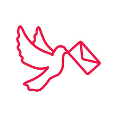 fly dove thin line red icon on white background, happy valentine