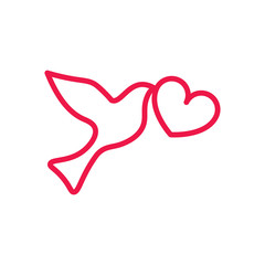 fly dove thin line red icon on white background, happy valentine