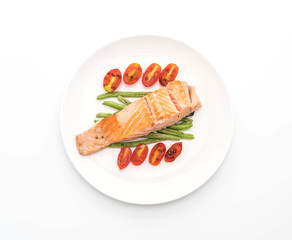 grilled salmon steak on white