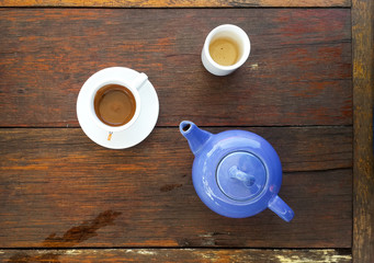 top view of espresso coffee cup and teapot